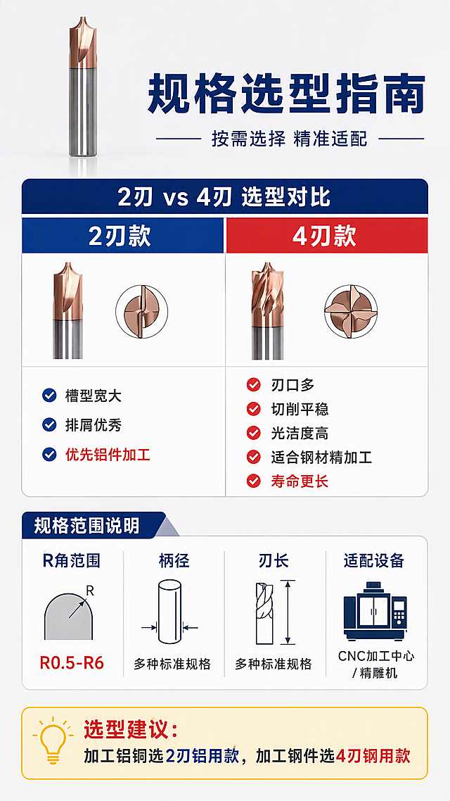 [第7张] 规格选型指南-钨钢内R刀规格与选型建议。本张使用【图1】作为顶部产品展示。
[氛围/风格] 工业科技风，浅灰底+表格+选型对比，信息清晰易读，专业选型页风格。
[元素布局] 顶部1/5为产品横置小图+主标题；中部上半部分为「2刃 vs 4刃」选型对比表，左右两栏对比；中部下半部分为规格范围说明，含R角、柄径、刃长信息图标化展示；底部为选型建议提示框；背景浅灰 #F5F5F5 + 白色表格底。
[光影质感] 均匀柔光，表格清晰，整体明亮干净。
[配色色系] 全局底色 #F5F5F5（浅灰）；主色深蓝 #0A2463 标题 + 红色 #E63946 强调；辅助色深灰文字 + 白色表格底。
[视角构图] 纵向排版，从上至下，表格化呈现，阅读清晰。
[文字版式] 顶部主标题「规格选型指南」，副标题「按需选择 精准适配」，深蓝粗体居中；对比表左栏「2刃款」右栏「4刃款」；2刃要点「槽型宽大 排屑优秀 优先铝件加工」；4刃要点「刃口多 切削平稳 光洁度高 适合钢材精加工 寿命更长」；规格说明区：「R角范围 R0.5-R6」「柄径 多种标准规格」「刃长 多种标准规格」「适配 CNC加工中心/精雕机」；底部黄色提示框「选型建议：加工铝铜选2刃铝用款，加工钢件选4刃钢用款」。
[比例分辨率] 9:16 竖版比例，4K 分辨率，文字清晰可辨。
[负向提示词] 变形，水印，文字错乱，表格变形，文字过小。