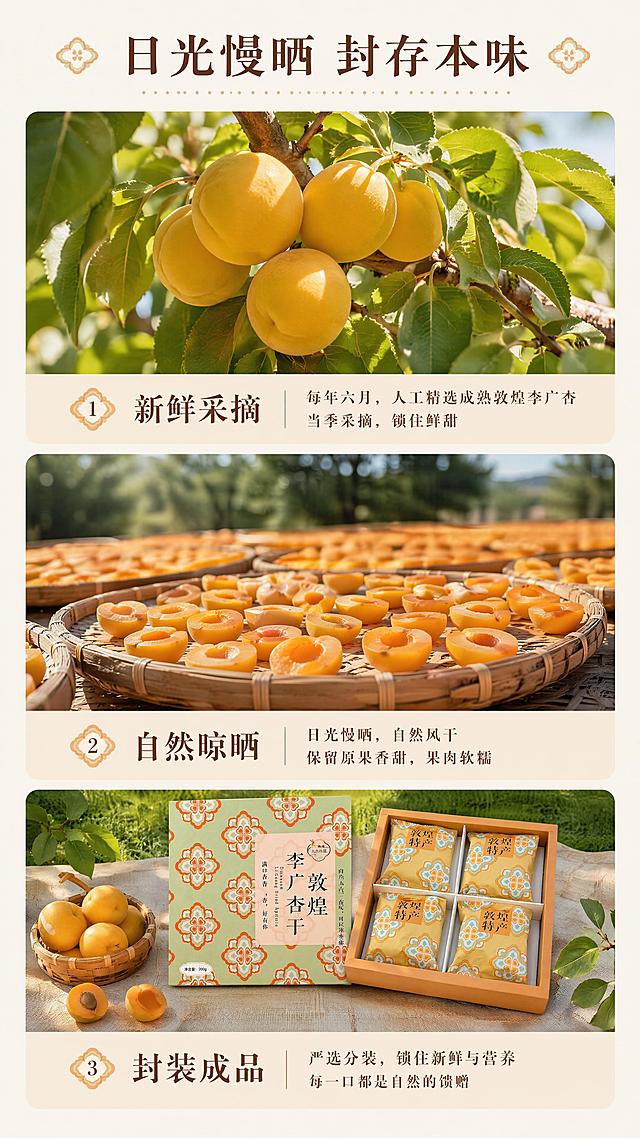 [第7屏] 制作工艺展示-讲解敦煌李广杏干日光慢晒工艺。
[氛围/风格] 自然干净工艺叙事风格，简洁明了，真实可信。
[元素布局] 纵向三张步骤图依次排列：第一步新鲜采摘敦煌李广杏（使用图3新鲜杏素材），第二步自然晾晒日光慢烘，第三步成品包装入盒（使用图2礼盒素材）；每张步骤图搭配对应文字说明，整体占屏饱满，核心图片元素均放大呈现。
[光影质感] 每张图保持统一自然光影，色彩明亮通透，步骤区分清晰。
[配色色系] 全局底色 #F9F3EA；主色浅暖米色；辅助色新鲜杏橙黄，包装浅绿，文字深棕。
[视角构图] 纵向三段式排版，从上到下依次阅读，符合手机浏览习惯，每张图比例均衡。
[文字版式] 顶部大标题「日光慢晒 封存本味」，每步小标题分别为「新鲜采摘」「自然晾晒」「封装成品」，沿用统一温润宋体字体，文字在图片下方，不遮挡产品主体，字号清晰适合手机阅读。
[比例分辨率] 9:16 竖版比例，4K分辨率，文字清晰可辨，高清画质。
[负向提示词] 产品变形，步骤图比例失衡，文字错乱重叠，颜色偏差，虚假工艺图示