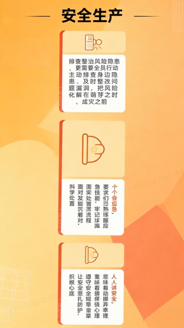 参考图的橙黄色配色和风格，三个栏目从上到下竖向排列，每个栏目里将缩小的极简图标放在上方，完整文案放在图标下方，修正文字方向为正常阅读方向，顶部放标题安全生产，保持整体风格一致预览效果