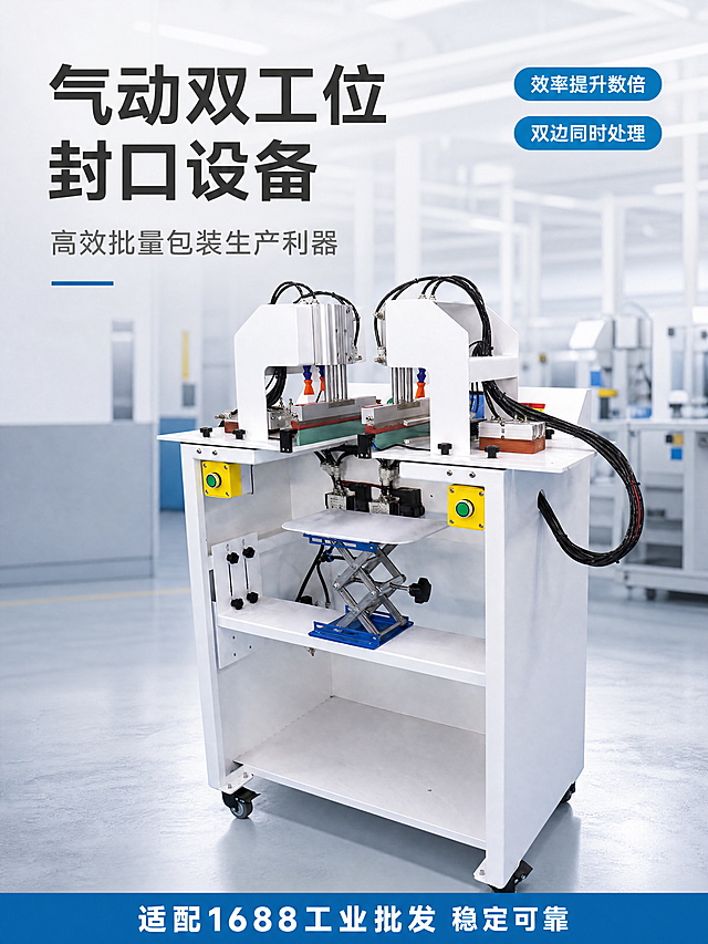 [第1屏] 详情页头图-气动双工位包装封口设备主视觉海报。本屏使用【图1】作为商品主体，需要保留原商品白色机身、蓝色台面、黄色急停按钮、双工位气动结构、底部滚轮的物理结构、材质质感、颜色与输入产品图完全一致。
[氛围/风格] 专业工业科技风，浅灰工业风背景，蓝白配色，清晰硬朗商业摄影质感，专业可信的B2B工业设备风格。
[元素布局] 设备主体放在画面中心偏下区域，占据画面65%-70%主体大小。背景为干净的浅灰蓝工业车间场景，远景可模糊化，不抢主体。左上角预留主标题位置，右上角放置核心卖点胶囊标签，底部留白放置品牌信息条，整体构图稳定大气。
[光影质感] 左前方打主光，右侧补柔和辅光，机身金属部件保留清晰高光和反光，底部形成自然投影，整体明暗层次清晰，产品边缘真实锐利。
[配色色系] 全局底色：#f0f4f8（浅蓝灰）；主体配色：#ffffff（机身白）+ #2385bb（台面蓝）+ #f7d038（按钮黄）；辅助色：#333333（深灰文字）+ #888888（浅灰辅助）。
[视角构图] 正面45°斜视角，主体居中偏下，景深中等，重点突出设备整体轮廓和双工位结构，符合工业采购者阅读动线。
[文字版式] 左上主标题「气动双工位封口设备」深灰粗体字，字号占画面宽度8%，不遮挡设备主体。主标题下方副标题「高效批量包装生产利器」，字号约为主标题40%。右上角两个卖点胶囊标签，分别写「效率提升数倍」「双边同时处理」，浅蓝底白字，圆角设计。底部深蓝信息条写「适配1688工业批发 稳定可靠」白字，不遮挡主体底部。所有文字清晰可读，移动端可识别。
[比例分辨率] 3:4纵向比例，4K超高清分辨率，文字清晰可辨。
[负向提示词] 产品结构变形，缺件错件，颜色偏差，文字错乱，水印，产品图模糊，背景杂乱，结构错误，按钮位置错误，滚轮缺失，文字过小无法识别。