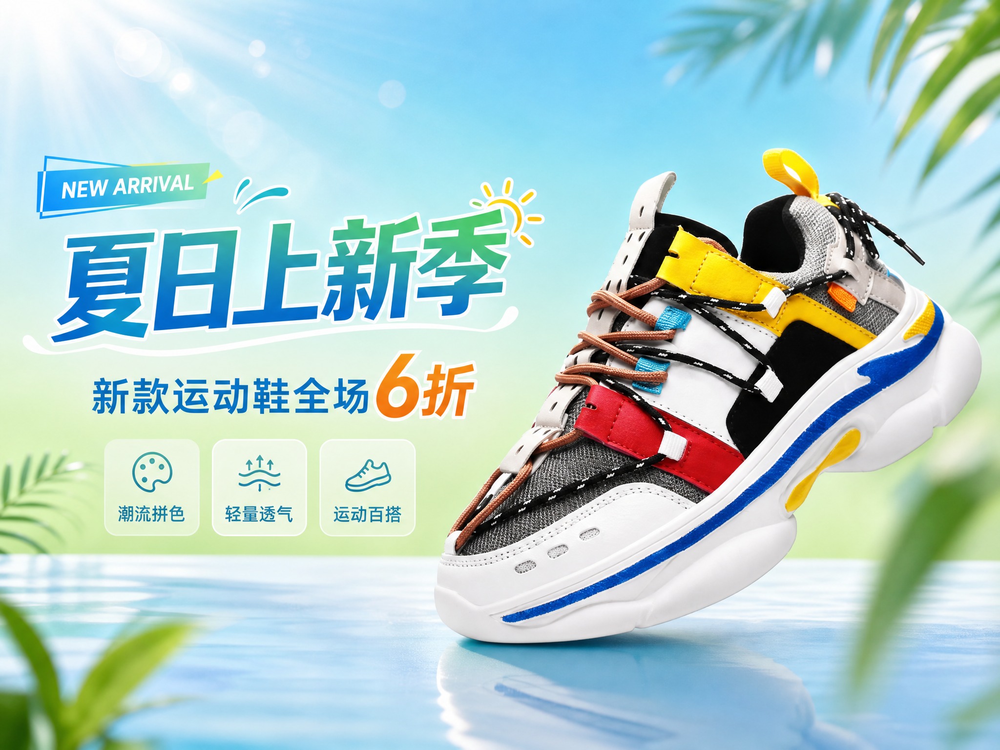 电商商品营销横版海报，运动鞋夏日上新季促销主题。画面中央偏右位… - 图片创意预览