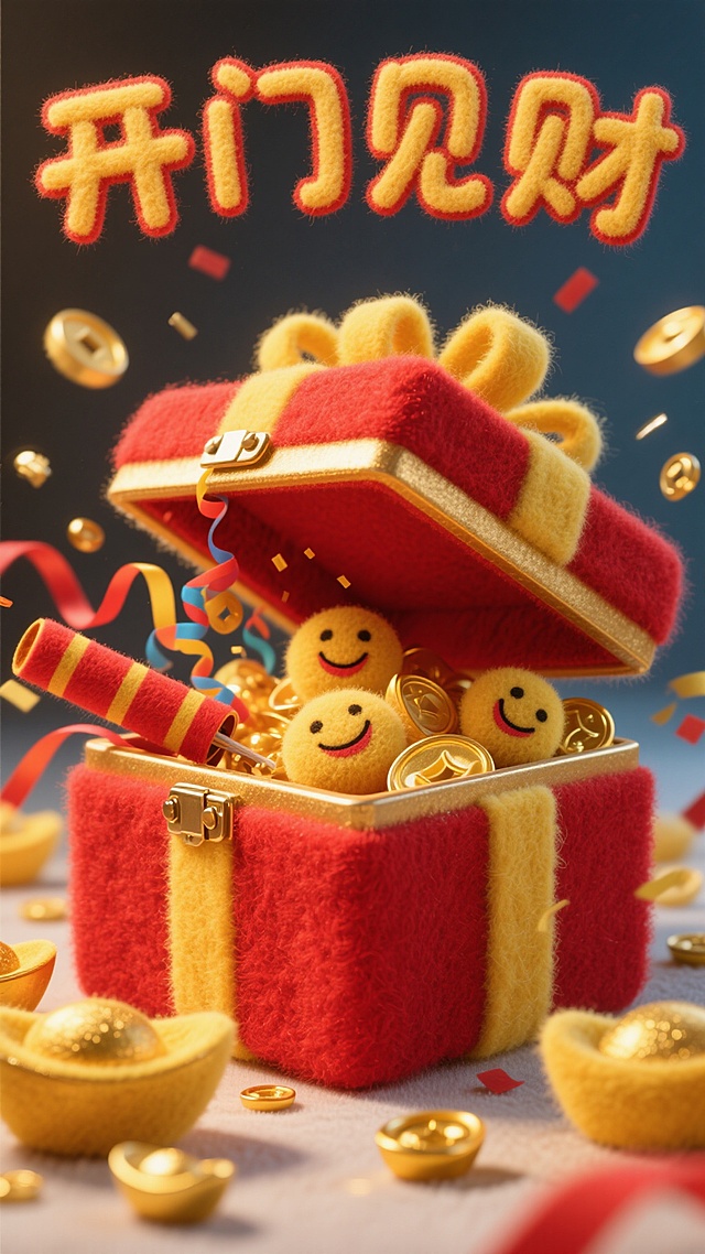 软3D风毛绒礼盒，鎏金元宝与笑脸金币跃出，搭配喜庆红金配色，卡通感十足，传递新春开门见财的欢乐氛围。