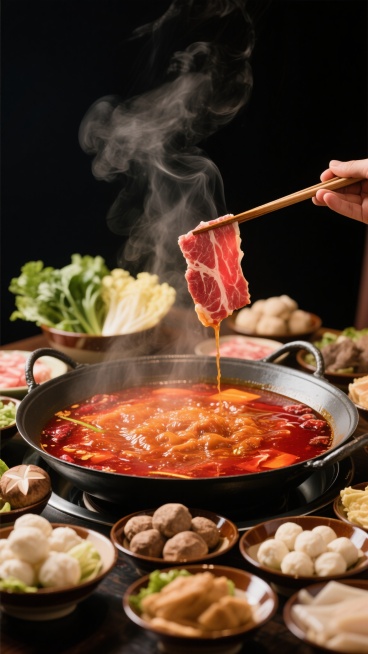 高质感餐饮美食摄影，深色背景突出食物色彩，特写沸腾的红色汤底火锅，蒸汽缭绕，筷子夹起鲜嫩肉片，周围摆放多种配菜如蔬菜、丸子、菌菇，食材新鲜饱满，光影对比强烈，高光凸显汤汁光泽与肉质纹理，暖色调营造热烈诱人氛围，不同角度展现火锅餐桌的丰盛场景，细节丰富，构图聚焦食物主体，具有强烈的食欲感和视觉冲击力。预览效果