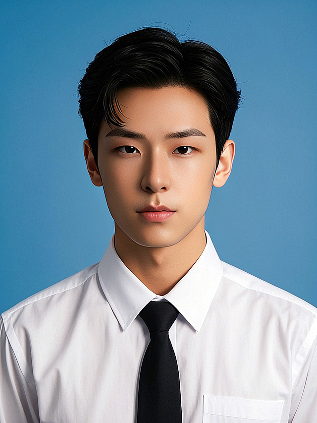 一个男生，职场证件照，干净的白色背景，白衬衫