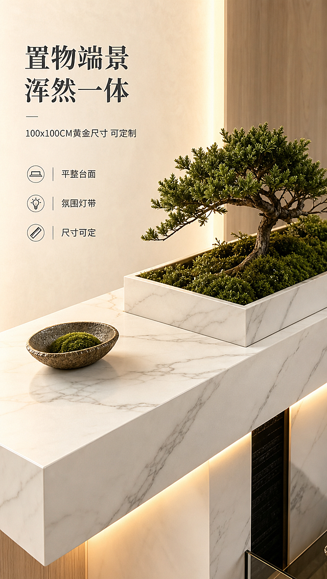 [商品] 使用【图1】现代新中式岩板流水玄关柜的顶部部分；保留平整的白色大理石纹岩板台面、两侧绿植槽与禅意盆景植物、暗藏的暖光灯带；保留岩板台面的纹理、光泽和边缘切割工艺；真实功能方向：顶部台面可摆放绿植、摆件，兼具置物与装饰功能。
[画面] 目标：顶部绿植/置物台页，展示实用与美观兼具的台面设计。构图：左文右图，左侧约1/3文案区，右侧顶部台面特写。主体位置：画面右侧，台面与盆景占画面约65%。景别：中近景俯视角度。阅读动线：从左上主标题向右下浏览，视线聚焦台面盆景与灯带效果。前中后景：前景岩板台面纹理、中景禅意盆景植物、后景浅木色背景墙与暖光氛围。场景：产品顶部的局部特写，俯视角度聚焦平整的岩板台面，上面摆放着精致的禅意盆景（迎客松造型），体现台面的承重与美观，暗藏的暖色调灯带从边缘倾泻而下，照亮植物与台面，夜晚点亮尽显奢华与温馨，浅木色背景烘托氛围。
[视觉] 套系策略：风格=现代新中式禅意高端家居商业摄影；标题字=宋体衬线粗体（东方雅致）；正文字=简洁无衬线体；主色=米白+浅木色；背景延展=基于米白与浅木色做深浅层级、同色渐变和细腻石材/木饰面质感；强调色=墨黑色，仅用于小面积图标、引线、标签和分割线；标题色=深炭灰；正文色=中暖灰；组件=细线引线、极简信息标签、竖线分隔符；光影=左前侧暖柔漫射光，暗藏灯带营造氛围光晕。
[文字] 左侧文案区：主标题「置物端景 浑然一体」（8字），副标题「100x100CM黄金尺寸 可定制」（12字），3个卖点：「平整台面」「氛围灯带」「尺寸可定」，文字横向排版，不遮挡台面与盆景主体。
[规格] 图片比例9:16竖版，4K分辨率，负向提示：避免变形、错字、文字过小、冷蓝/蓝灰背景、台面纹理失真、植物形态怪异、水印、二维码。