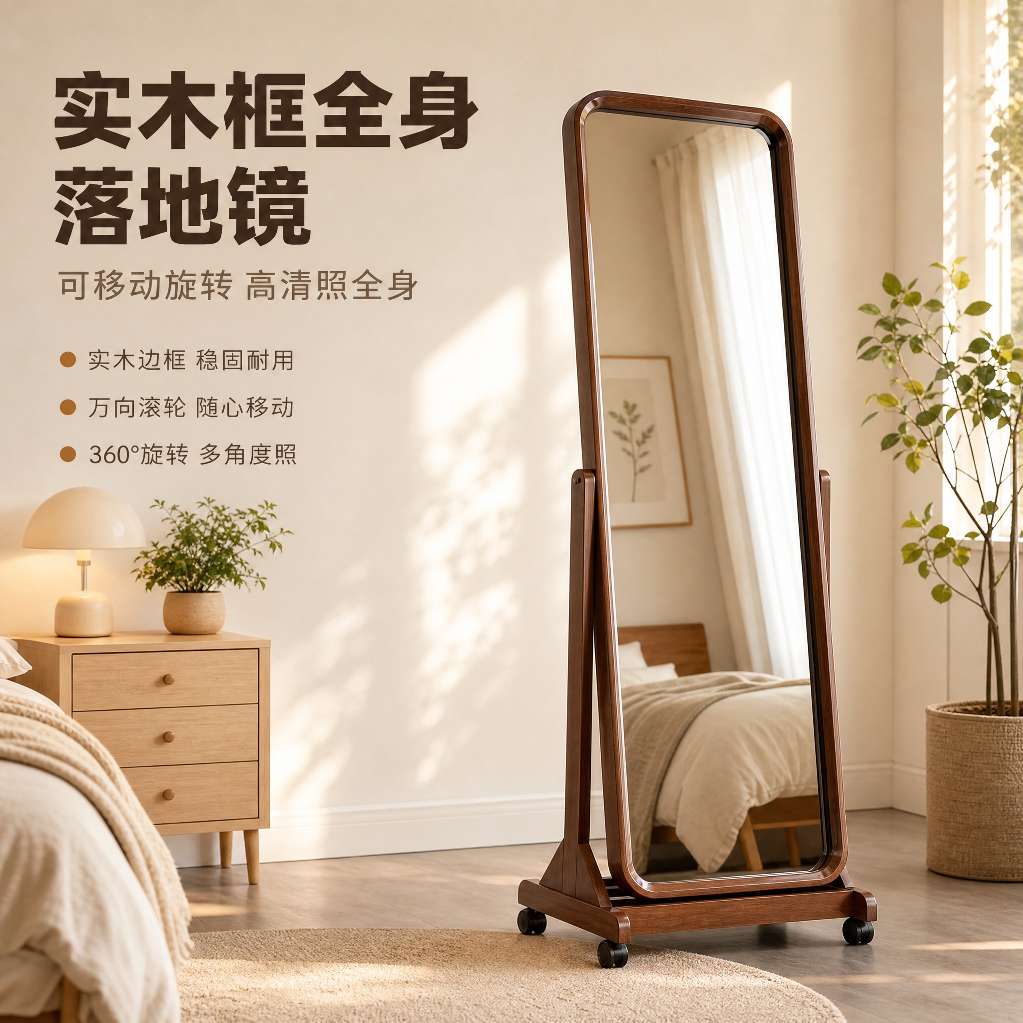 [主图-1] 空间场景与氛围展示，实木框全身落地镜放在温馨北欧… - 图片创意预览