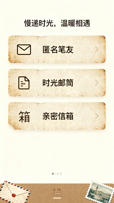 慢邮小程序首页，9:16比例，复古文艺风，米白背景，顶部放置Slogan，中间排列三个功能卡片，分别为匿名笔友、时光邮筒、亲密信箱，卡片添加复古纹理，用信封图标做功能入口，底部为导航栏，加入信封邮票元预览效果