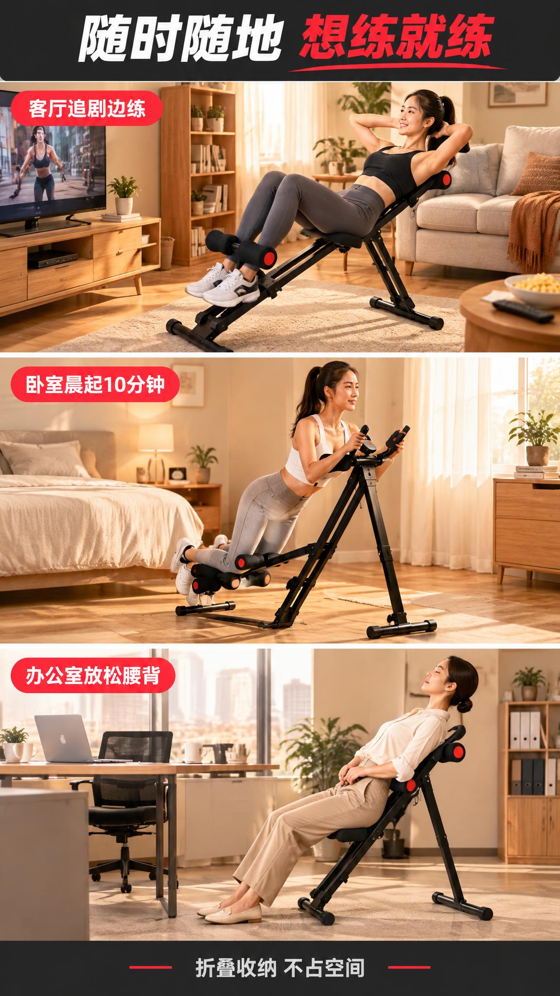 将这两张健腹器产品图，生成淘宝/天猫详情页第7张——多场景拼贴… - 图片创意预览