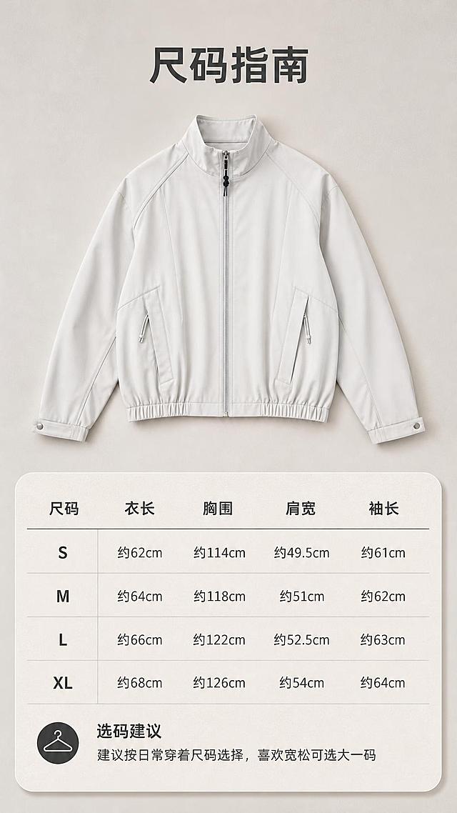 [商品] 使用【图1】米白色立领短款夹克；商品处理：保留立领、中央拉链、插肩袖结构、两侧拉链口袋、松紧下摆、袖口按扣、整体版型和米白颜色；自然去皱，理顺垂坠，增强面料纹理、缝线、拉链和五金质感，不改变版型和结构。
[画面] 页面目标：尺码信息页，清晰展示尺码表与选码建议；构图骨架：上半部分为夹克正面平铺小图，下半部分为尺码表格与选码说明；主体占画面约40%；景别为中景平铺+信息卡；前中后景：前景为浅米色纸张质感信息卡，中景为夹克平铺图，后景为浅灰米色渐变背景；整体清晰易读。
[视觉] 套系策略：风格=极简高级都市通勤商业摄影；标题字=现代无衬线粗体中文；正文字=简洁无衬线体；主色=米白浅灰；背景延展=基于米白浅灰做深浅层级、同色渐变和细腻纸张/微水泥质感；强调色=深炭灰，仅用于小面积图标、引线和标签；标题色=深炭灰；正文色=中暖灰；组件=圆角浅底信息卡、细线引线、表格线；光影=均匀柔和顶光，平铺展示无明显阴影。
[文字] 顶部主标题「尺码指南」，下方为尺码表（含S/M/L/XL，列出衣长、胸围、肩宽、袖长字段，数值用「约」字前缀保守表达），底部加选码建议：「建议按日常穿着尺码选择，喜欢宽松可选大一码」；所有文字横向排版，表格清晰，手机端可读。
[规格] 图片比例9:16竖版，2K分辨率，避免变形、错字、文字过小、冷蓝背景、衣服颜色改变、版型失真、白底孤立单品。