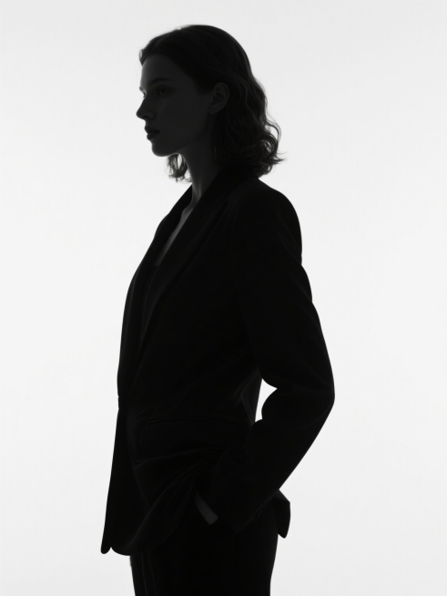 极简风格人物剪影，纯黑色女性侧影，中长发微卷轮廓，身着合体西装外套，双手插兜站姿，肩部线条柔和，整体轮廓简洁流畅，背景为纯白色无任何装饰，高对比度，边缘清晰锐利，无多余细节。预览效果