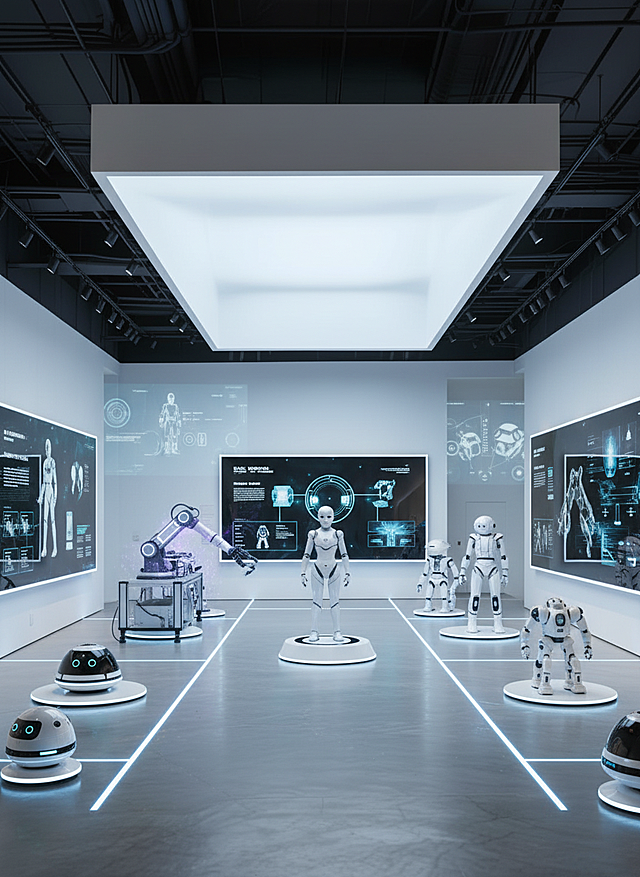 将空展会场景变成科技展厅，不同品种的机器人