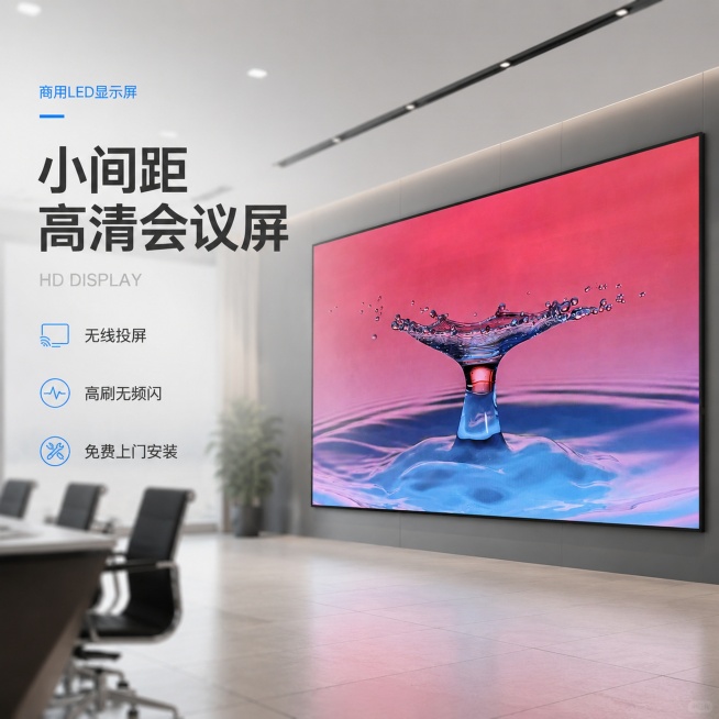 [单张主图] 企业会议室小间距LED显示屏，高级氛围感专业主图。产品为安装在企业会议室的全彩高清LED大屏，保持产品外观、物理结构、显示效果与输入产品图绝对一致，杜绝任何变形和色差，精细化处理。
构图预览效果
