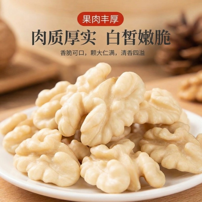 模仿参考图生成类似的核桃仁产品宣传图，保留所有文字内容不变，所有核桃仁都处理为完全去皮的奶白色，去掉外皮纹路，风格和参考图一致，核桃仁摆放布局不一样，不生成完全相同的图片，尺寸为750×750像素预览效果