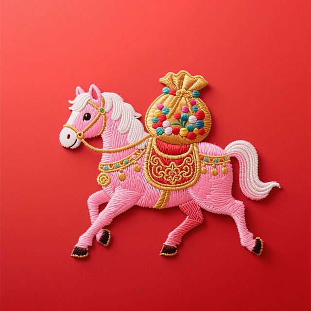 主体是 Q 版粉色小马（装饰白色鬃毛、金色花纹鞍具，背上驮着彩珠福袋），马脚向外张开，背景为纯红色，