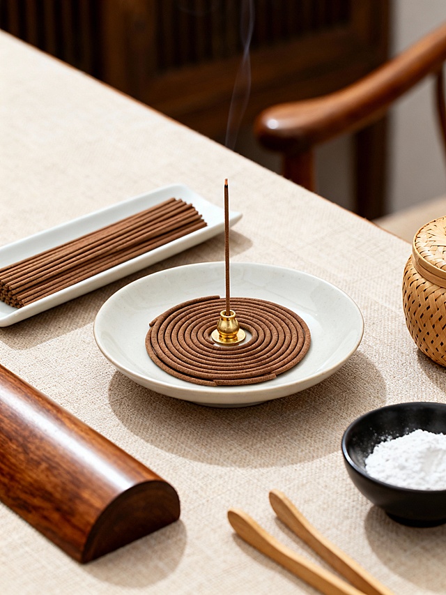 中式禅意香道场景特写，焦点集中于香具组合：盘绕成圆环的深棕色线香置于宽边白色浅瓷盘，中央嵌小巧黄铜香插并插着一支线香；旁侧长形白瓷盘整齐叠放同款线香，纹理细腻；近景露木质香筒一角，旁配黑色小碗（盛白香灰）、木质香箸与编织纹理储物罐。铺浅米色亚麻桌布的茶桌台面，采用浅景深构图，背景虚化呈现暖棕木质椅具轮廓，主体聚焦画面中下部。整体为低饱和度暖色调，以米色、棕褐、乳白为主，点缀黄铜浅金光泽；光线是柔和室内自然光，阴影轻缓。画面风格简约素雅，兼具质朴质感与禅意闲适感，清晰呈现陶瓷温润、木材质朴、线香细腻的材质细节。