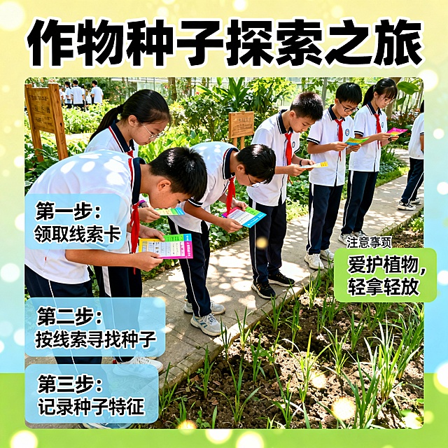 接下来，请各位初中生同学根据线索卡的指引，在园区内寻找特定的作物种子，记录到研学手册中。自由活动期间，请大家注意安全。1个小时后，我们将前往第二站——昆明植物园。