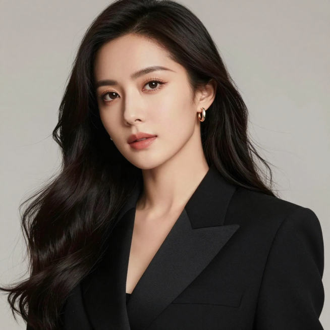 黑色西装、气质中国美女、头像特写、优雅大方、自信独立、精致妆容、简约配饰、长发大波浪，时尚魅力、气场全开、女神风范。预览效果