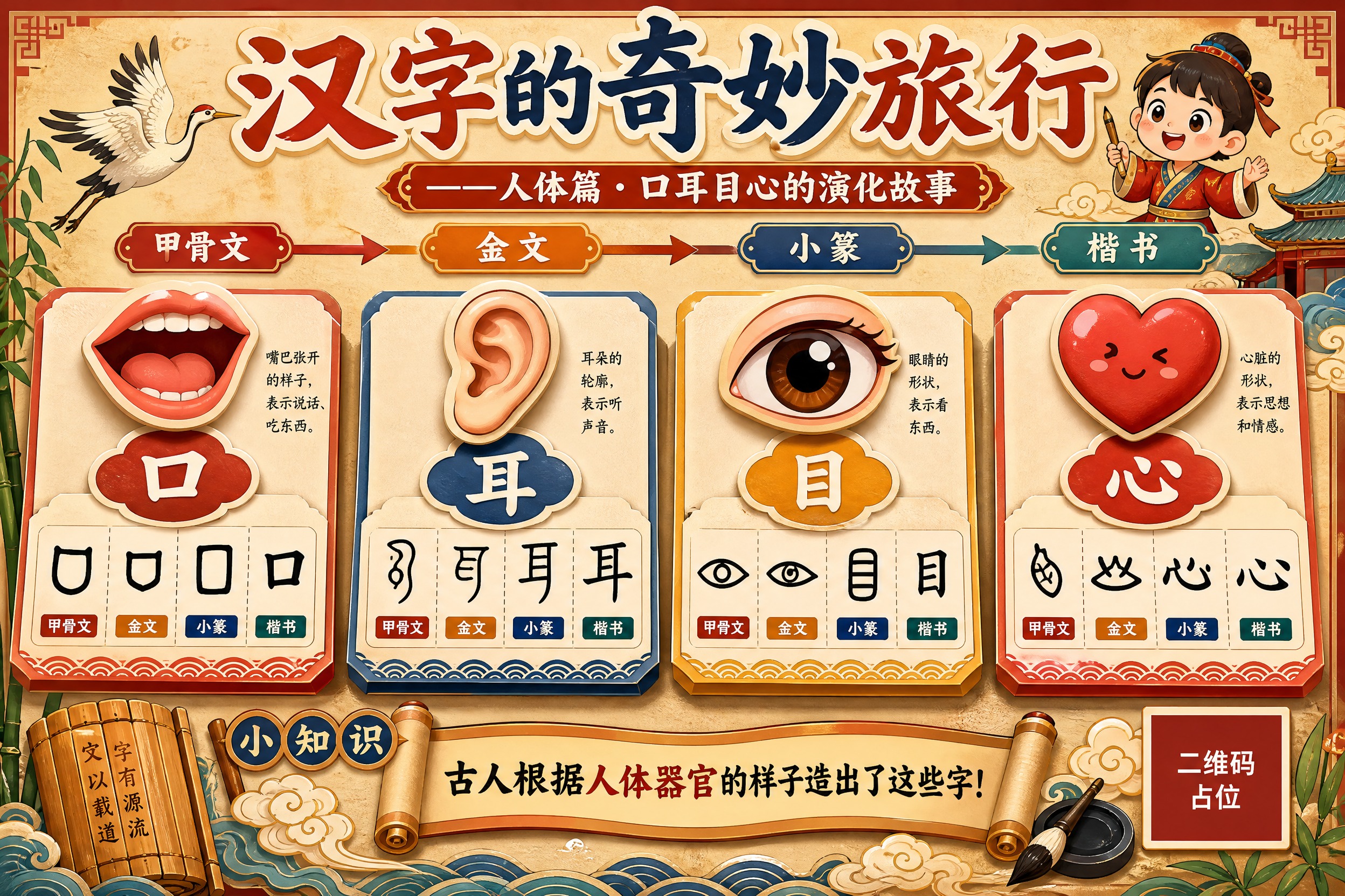 一张A3横版小学生汉字演化立体手抄报，主题为人体汉字的起源与演… - 图片创意预览