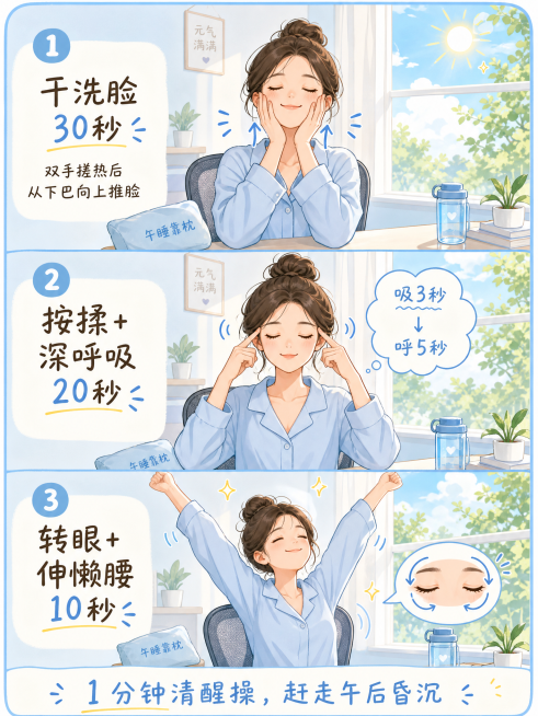 明亮现代的办公室/居家场景，一位年轻女性刚睡醒坐在椅子上，三格分步图：第一格，她双手搓热后从下巴向上推脸，标注"干洗脸30秒"；第二格，她双手食指按在太阳穴上，头部有深呼吸的气泡（吸3秒呼5秒），标注预览效果