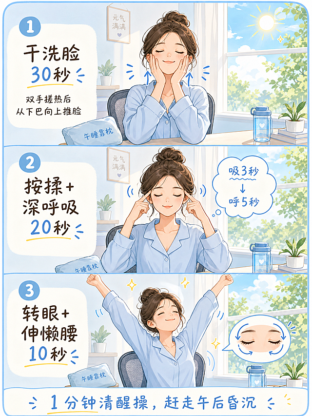 明亮现代的办公室/居家场景，一位年轻女性刚睡醒坐在椅子上，三格分步图：第一格，她双手搓热后从下巴向上推脸，标注"干洗脸30秒"；第二格，她双手食指按在太阳穴上，头部有深呼吸的气泡（吸3秒呼5秒），标注"按揉+深呼吸20秒"；第三格，她闭眼转眼球（眼眶内有弧形箭头），同时双手向上伸懒腰，标注"转眼+伸懒腰10秒"。背景有午睡用的靠枕、水杯，窗外阳光明亮。整体色调浅蓝、米白，手绘插画风格，活泼清晰。画面下方写一行小字"1分钟清醒操，赶走午后昏沉"