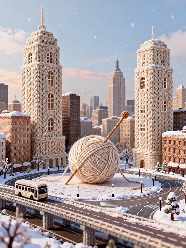 梦幻感与温馨交织的3D微缩城市，针织高楼与毛线球构成超现实景观，重拟物风格融合面料质感，冬日雪景中透出趣味童趣。