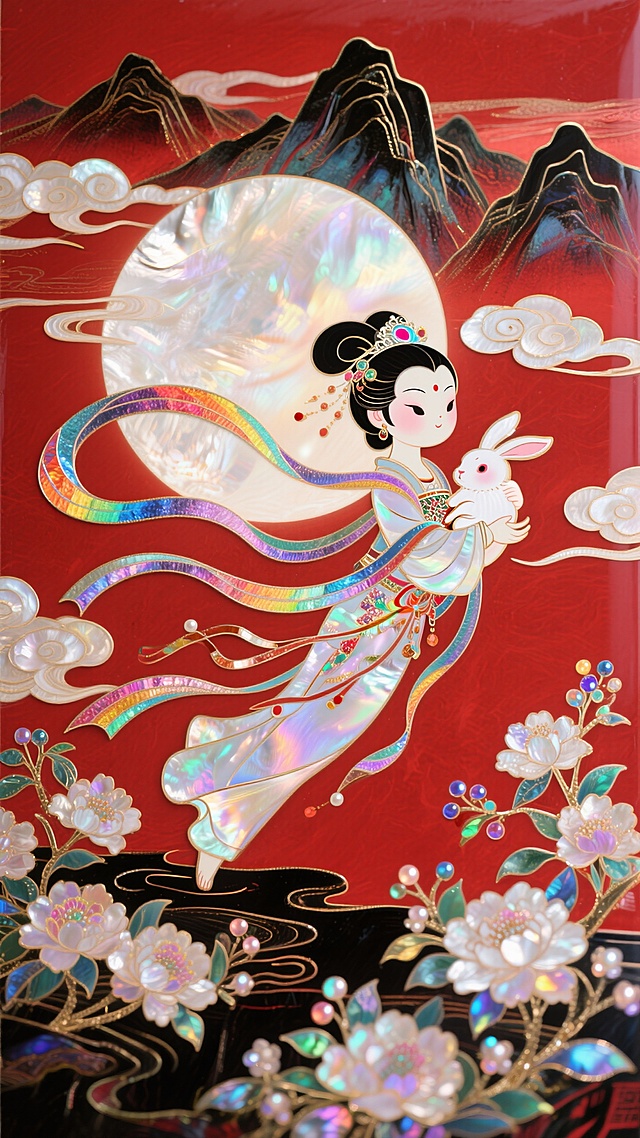 Q版风格，嫦娥怀抱玉兔奔向一轮圆月，衣摆飘逸。周围环绕着祥云和盛开的花朵，背景山脉，红色底色，非常规的动态构图，极繁主义，玄幻