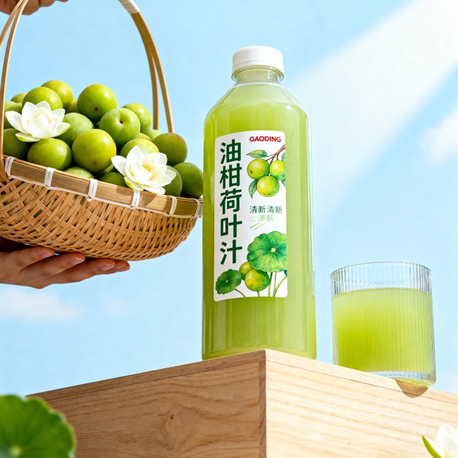 超高清商业产品宣传图，低角度仰视视角，主体是一瓶 1L 装的绿色油柑汁饮料放置在原木简约展台上，瓶身贴有中文标签印有 “油柑荷叶汁”和logo“GAODING”，标签搭配油柑、荷叶的清新插画；包装瓶的预览效果