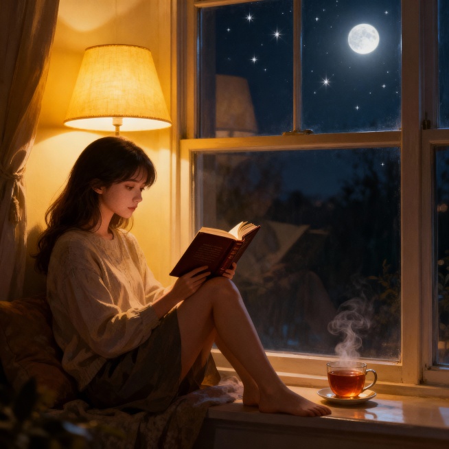 一个温暖的治愈系场景，一个年轻女性在夜晚的窗边，被柔和的台灯照亮，安静地阅读一本精装书，身边有一杯热气腾腾的茶，窗外有淡淡的月光和星光，扁平插画风格，柔和色彩，高细节，4K画质 --ar 3:4 (海预览效果