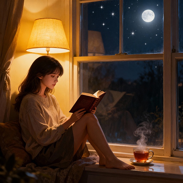 一个温暖的治愈系场景，一个年轻女性在夜晚的窗边，被柔和的台灯照亮，安静地阅读一本精装书，身边有一杯热气腾腾的茶，窗外有淡淡的月光和星光，扁平插画风格，柔和色彩，高细节，4K画质 --ar 3:4 (海报常用竖版比例)