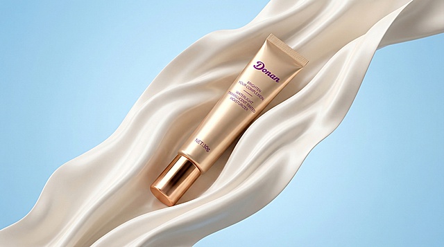 超写实清新美妆产品海报，整体风格简约高级、清透干净，主色调为浅天蓝色渐变背景 + 纯净白色主体，软管斜置于造型流畅的白色柔滑褶皱肌理载体上（质感如丝缎 / 奶油，呈现自然的起伏褶皱）；背景为纯净的浅天蓝色渐变，无多余元素，突出产品的简洁质感；采用微侧平视视角，构图以产品为中心、载体线条环绕衬托，光线为柔和漫射光，强化软管的哑光质感、金色环的光泽感及载体的柔滑肌理，细节清晰细腻，整体呈现清新通透的高端护肤类商业海报氛围