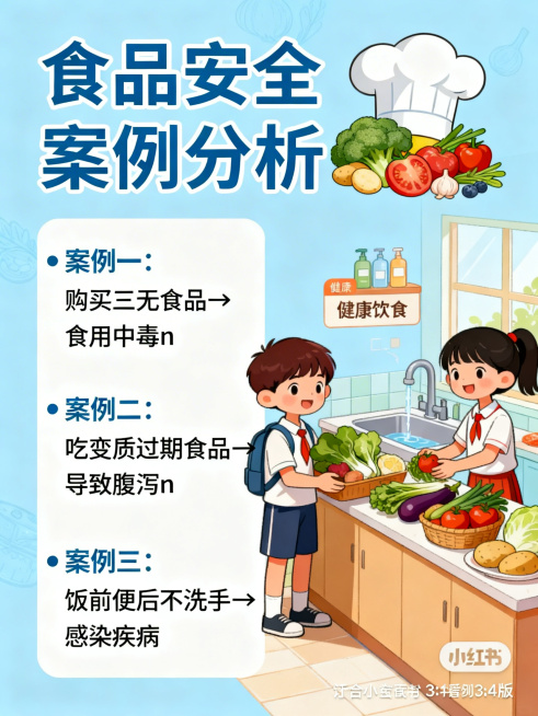 小红书3:4竖版宣传图，食品安全案例分析主题，浅蓝色背景。顶部标题"食品安全案例分析"配厨师帽与新鲜食材图标。左侧文字框内容："• 案例一：购买三无食品→食用中毒\n• 案例二：吃变质过期食品→导致腹预览效果