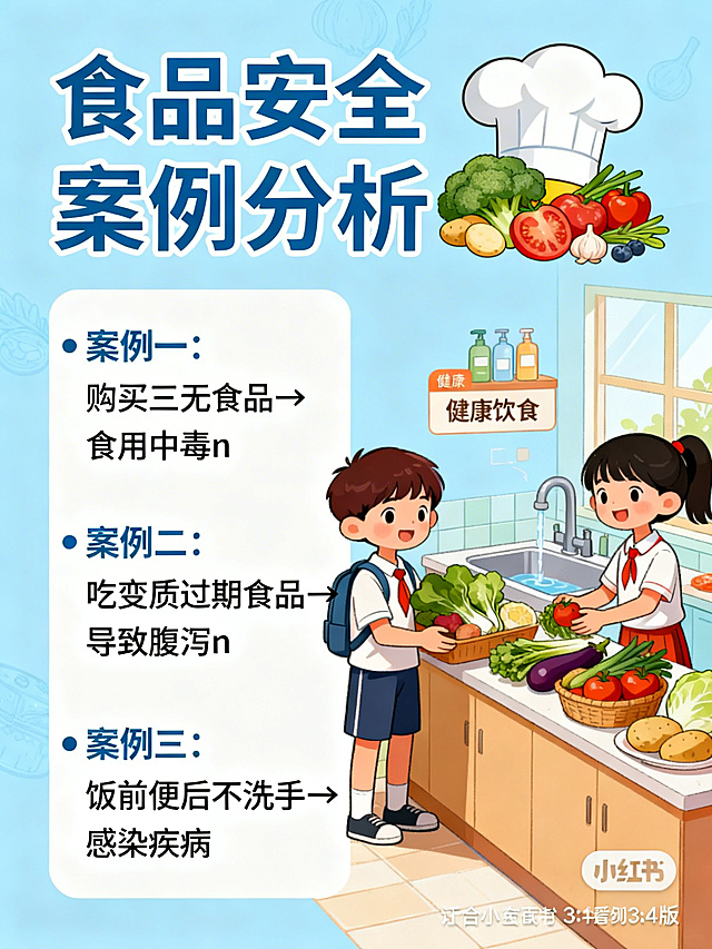 小红书3:4竖版宣传图，食品安全案例分析主题，浅蓝色背景。顶部标题"食品安全案例分析"配厨师帽与新鲜食材图标。左侧文字框内容："• 案例一：购买三无食品→食用中毒\n• 案例二：吃变质过期食品→导致腹泻\n• 案例三：饭前便后不洗手→感染疾病"，右侧插画为小学生在厨房挑选新鲜食材，旁边有洗手池与健康饮食提示，风格扁平温馨，突出食品安全重要性，适合教师课件推广