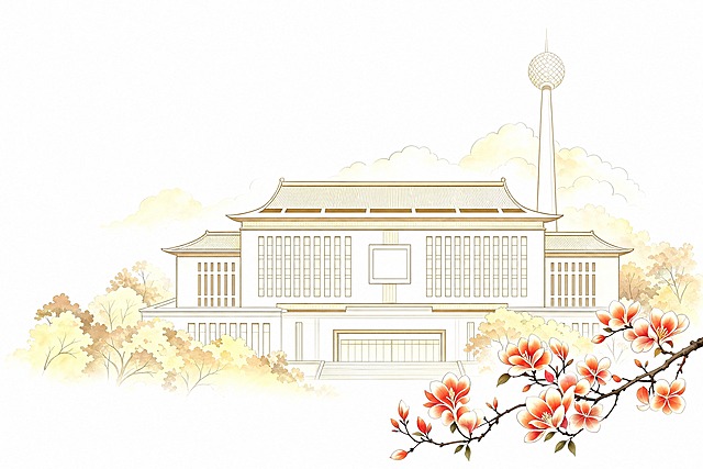 与参考图同款的校园建筑插画图案，无任何文字，高清印刷级，横向3:2比例。

【图案内容】中国风手绘线条+淡彩渲染风格的校园景观：
- 主楼：对称式现代中式建筑，重檐歇山顶飞檐屋顶，中央方形校徽位置（空白），两侧整齐竖向长窗，底层台阶和入口门廊
- 右侧背景：高耸球形网格塔状地标，塔身细长向上收窄，顶部球体网格结构
- 前景：写意树木灌木丛，淡黄色浅棕色块面表现
- 右下角：一枝盛开的橙红色花朵枝条（玉兰/桃花），花瓣橙红渐变，枝干遒劲

【色调】米白、浅金、赭石为主，橙红色花卉点缀，典雅温馨学术氛围

【构图】图案完整居中，留出四周边缘空间，适合作为印刷素材叠加使用，纯米白色背景，无边框无文字无水印。

【风格】与参考图一致的中国风淡彩插画，线条细腻，淡彩渲染，传统与现代结合。

画面中不得出现任何文字、字母、数字、水印或标识。