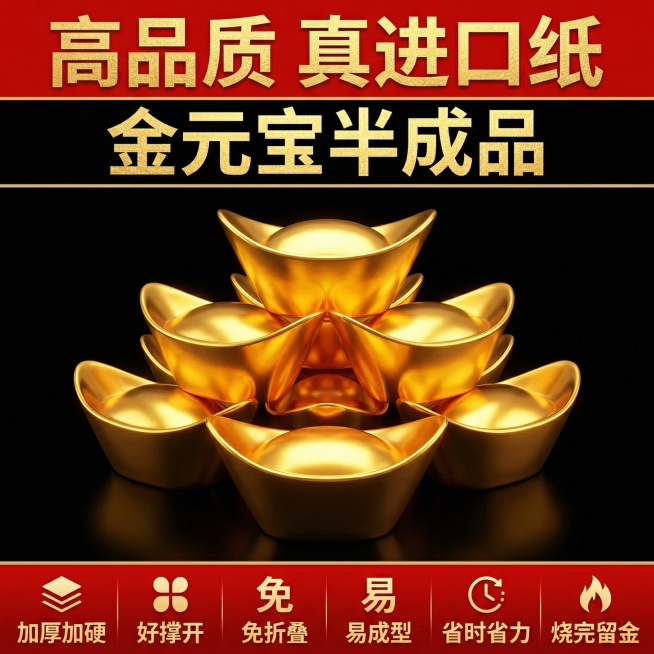 这张图片是产品主体这款产品是金元宝半成品，我需要设计10张主图在拼多多上面售卖 主图场景布局能用到的多场景元素布局显得高级一些，主图场景图背景为：红木桌面  深色纹理木桌  黑色绒布/绸缎打开的古典木预览效果