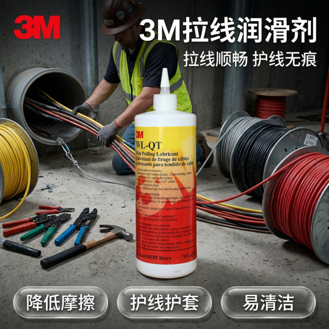 硬核工业风3M拉线润滑剂首图，产品居中摆放，外观与参考图完全一致，背景为真实线缆施工场景，工人正在导管内穿拽线缆，地面散落施工工具和成卷电力线缆，左上角红色3M品牌logo，右上角白色粗体文字'3M拉预览效果