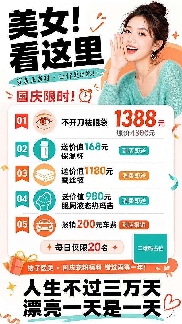 桔子医美国庆限时福利海报，年轻活力风格，吸引女性眼球。画面顶部是超大号粗体黑色文字"美女！看这里"，字号大，醒目有冲击力，居中或左对齐，像朋友打招呼一样亲切。往下是"国庆限时！"中等字号，红色或橙色，有紧迫感。中部是福利详情区域，白色圆角卡片或直接排版，列出5大福利：01 不开刀祛眼袋 1388元（原价4800元），价格数字放大突出；02 送价值168元保温杯（到店即送）；03 送价值1180元蚕丝被（消费即送）；04 送价值980元眼周液态热玛吉（消费即送）；05 报销200元车费（到店报销）。福利条目清晰，图标+文字形式。福利下方小字"每日仅限20名"制造紧迫感。画面底部是大号粗体黑色文字："人生不过三万天"换行"漂亮一天是一天"，金句收尾，有态度有共鸣。整体配色：白色背景为主，黑色主文字，蒂芙尼蓝或橙红色作为强调色和点缀色，年轻时尚有活力。排版参考文案图的结构：顶部大标题、中间福利区、底部金句。画面中所有数字必须精确渲染，不得错位、遗漏或编造，特别是1388、4800、168、1180、980、200、20等数字必须准确。画面中所有信息区域必须填充完整合理的内容，不得出现空白框或占位。画面中所有二维码区域使用纯色方块占位符呈现，方块中央标注二维码占位文字，严禁生成任何可识别的二维码图案。竖版9比16比例。