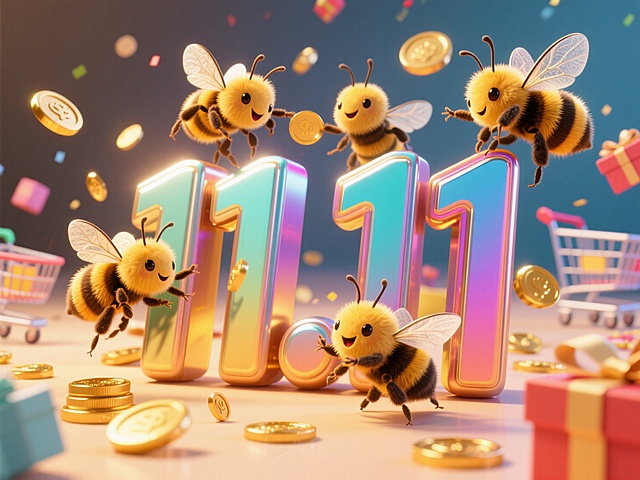 一幅为双11购物节设计的促销海报，立体艺术风格。画面中央，几只可爱的蜜蜂正在疯狂地抢夺一个巨大的“11.11”数字标志，动态十足。背景散落着金币、礼品盒和购物车等小元素。整体画面充满手工艺的温暖感和节日的热闹氛围，景深清晰，配色清新。