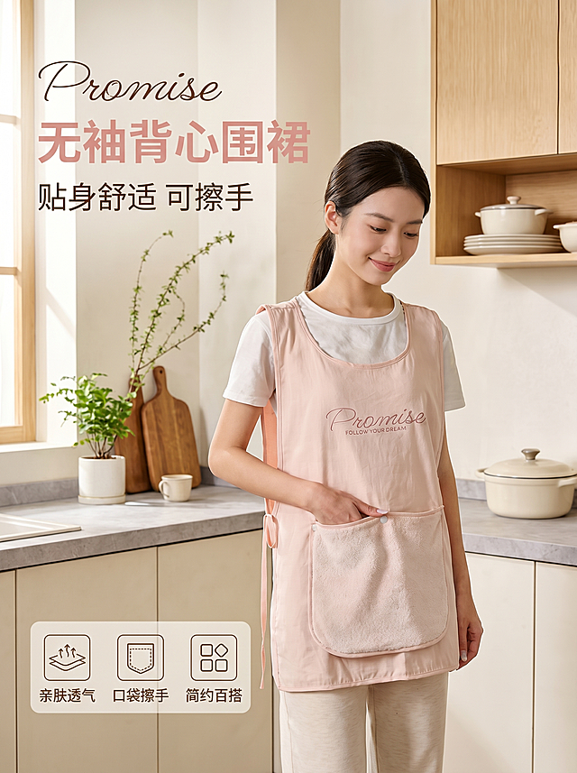 [单张主图] 浅粉色无袖背心围裙，高级氛围感主图，展示产品舒适实用特性。
[画面主体] 亚洲女模特穿着浅粉色无袖背心围裙，站在整洁厨房场景中，围裙保持原产品外观颜色、结构和Logo文字一致，胸口印有"Promise"文字，前侧带吸水擦手口袋，商品主体占画面约50%，完整不裁切。
[构图版式] 人景氛围型，产品人物放画面偏右，背景为干净温馨厨房空间，人物自然微笑低头，不抢产品主体。
[场景元素] 背景为浅米色墙面和原木橱柜，台面上布置简约陶瓷餐具和绿植，整体干净通透，温馨家居氛围，无多余杂乱道具。
[文案版式] 左上负空间左对齐，主标题"无袖背心围裙"浅粉色粗体，副文案"贴身舒适 可擦手"小号深棕色，底部3个轻线框图标卖点分别标注：亲肤透气、口袋擦手、简约百搭，文字不遮挡产品和人物。左上角保留原品牌"Promise"英文装饰。
[光影质感] 自然柔和侧窗光，主光从左侧射入，形成柔和明暗过渡，背景浅景深虚化，突出产品主体，材质纹理清晰，高光自然，画面干净高级。
[配色字体] 主色调浅米白、原木色，辅色浅粉色，文字对比清晰，字体采用轻无衬线，字重克制，留白充足。
[比例分辨率] 3:4 比例，2K分辨率，文字清晰可辨，超高清。
[负向提示词] 变形，水印，错字，糊字，伪Logo，主体遮挡，背景杂乱，低清晰度，错误结构，文字错乱