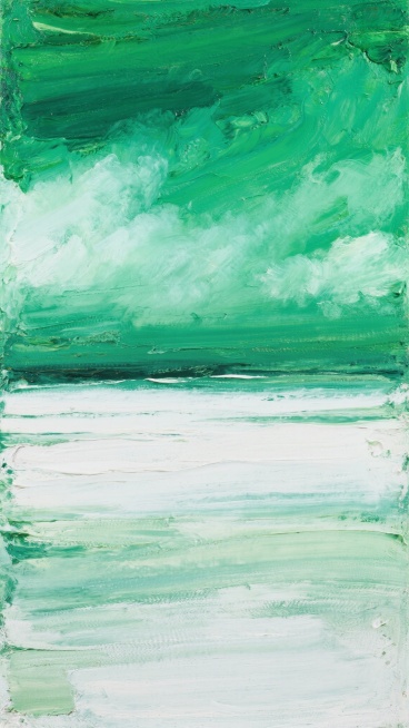 一幅抽象表现主义风格的油画，画面以厚重的绿色和白色笔触为主，笔触粗犷有力，带有明显的颜料堆叠感和肌理变化。上半部分是深浅不一的绿色色块，呈现出朦胧的云雾效果；下半部分则是白色与浅绿色交织的横向笔触，如同平静水面上的光影反射。整体色调清新自然，构图简洁大方，给人一种宁静而富有生机的感觉。画面中没有明显的具象物体，完全依靠色彩和笔触的变化来营造氛围。预览效果