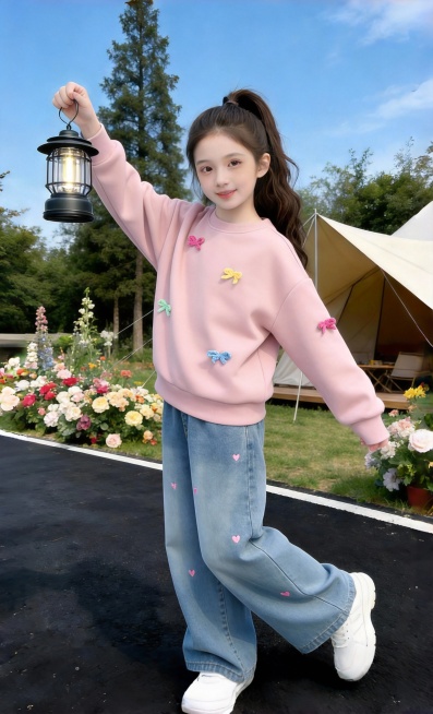 把图1的衣服和裤子给图的2的人物穿上，保留原场景光影，保持图2的人物的五官和发型不变，图片宽高尺寸不变，背景不变，鞋子不变,人物姿势不变，保持图1的衣服和裤子的款式和颜色不变预览效果