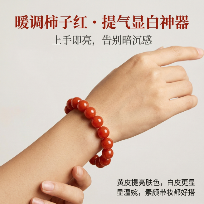 [主图 5] 显气色展示
[主图主题] 暖调柿子红提气显白效果展示
[氛围/风格] 真实佩戴氛围感，自然暖光，原生质感
[画面元素] 亚洲年轻女生（黄皮肤色）的手腕佩戴南红柿子红手串，手腕自然抬起，展预览效果