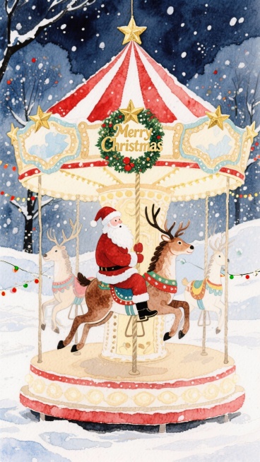 画面中心是一座红白条纹顶的旋转木马，装饰有金色星星与“Merry Christmas”花环，木马替换为驯鹿造型，圣诞老人坐在驯鹿上，背景是有圣诞装饰的雪夜。预览效果