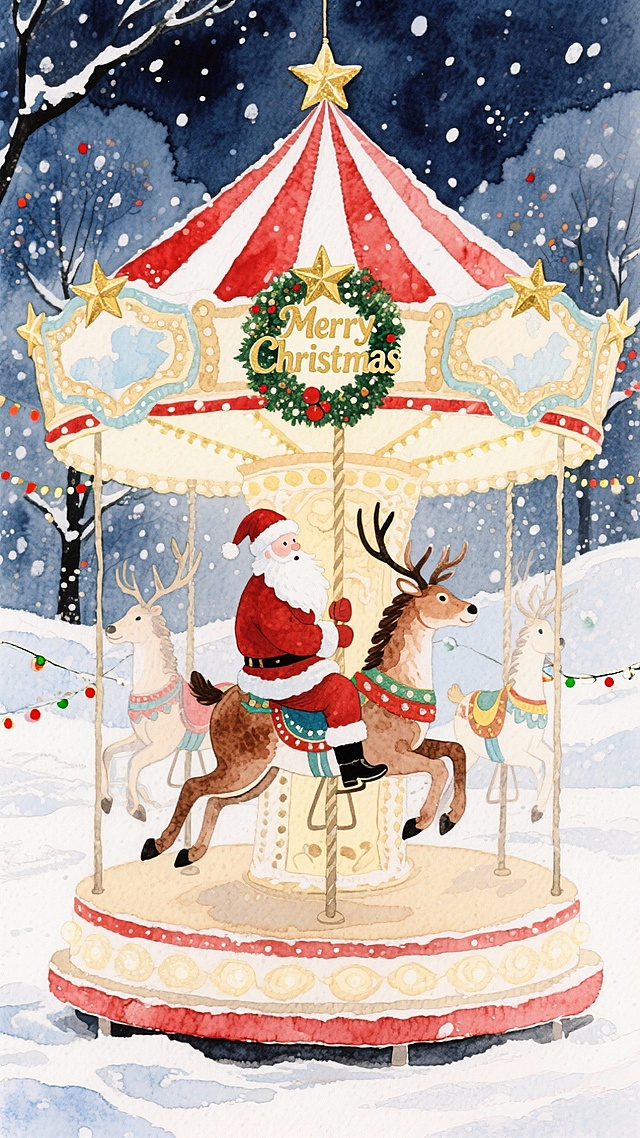 水彩风插画，圣诞老人骑着驯鹿在旋转木马上，梦幻温馨的冬夜场景，充满喜庆与可爱感，拟人化设计搭配印象画派色彩，传递节日欢乐。