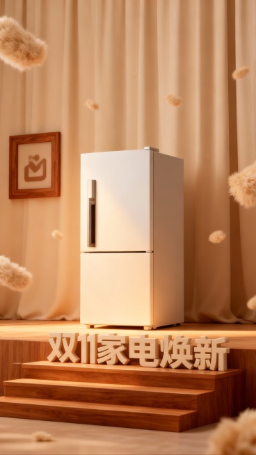 这是一张双 11 家居促销海报，以米色温馨幕布为背景营造舒适感。中央米色立体大字 “双 11 家电焕新”。图片上的家居用品调整为和温馨场景适配的比例，暖光打在用品上，左侧放置着棕色木质相框图标，背景是预览效果
