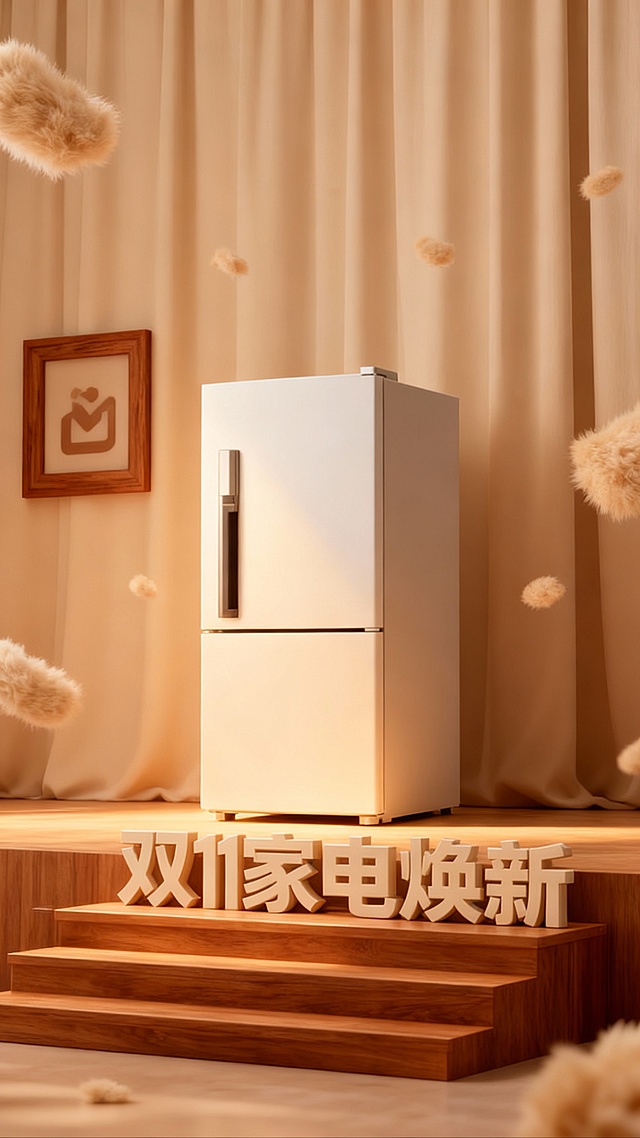 3D轻拟物风格，木雕质感台阶与浮雕文字营造温馨舒适氛围，柔和光影烘托双11家电焕新主题。