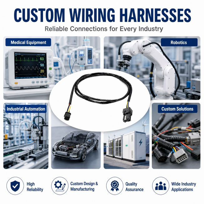 Replicate this exact marketing collage layout. Keep the original title 'CUSTOM WIRING HARNESSES' and预览效果