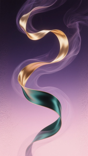 一张具有流动感和梦幻氛围的抽象艺术图片，画面主体是一条蜿蜒飘逸的金色与深绿色渐变的丝绸状丝带，丝带呈现出柔和的波浪曲线，边缘有细腻的光泽感，仿佛在水中或空气中轻柔舞动。背景是由深紫色到浅粉色渐变的柔和色调，带有细腻的磨砂质感纹理，整体画面充满了神秘而优雅的气息，丝带周围环绕着淡淡的、朦胧的烟雾元素，烟雾呈现出半透明的质感，与丝带和背景自然融合，营造出一种空灵缥缈的视觉效果。预览效果