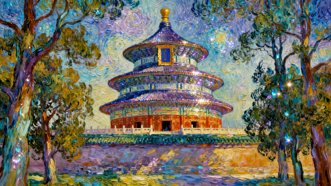 北京天坛，前景是树木，梵高绘画风格预览效果