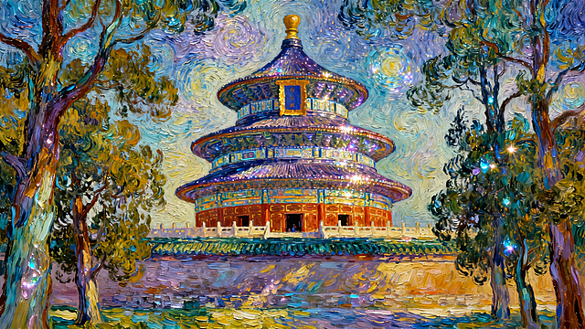 北京天坛，前景是树木，梵高绘画风格