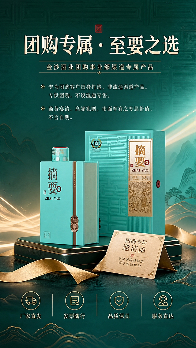 [商品] 使用【图1】摘要菁华版酱酒（青绿书本瓶型+青绿函套外盒）；保留瓶身与外盒全部文字、图案、颜色、结构；商品处理：清晰化包装细节，增强礼盒典藏质感。
[画面] 目标：突出团购专属渠道价值，非流通零售的稀缺性。构图：上文下图偏居中，产品（瓶+外盒）置于画面中部偏下，占画面50%，呈礼赠陈列姿态。背景：深青绿渐变+暗纹古籍函套纹理+金色光带点缀，营造高端专属感。前景：金色丝带/邀请函元素；中景：产品+底座展台；后景：渐变光晕+暗纹，≥3层层次。阅读动线：从上到下。
[视觉] 套系策略：风格=东方雅致新中式高端商业摄影+水墨意境；标题字=宋体衬线粗体（书法气质）；正文字=简洁现代宋体；主色=摘要青绿（松石青/蒂芙尼青）；背景延展=基于青绿色做深浅层级、同色渐变、水墨晕染与宣纸纹理质感；强调色=朱砂红+暗金，仅用于小面积印章、引线、标签、光带点缀；标题色=深墨青；正文色=中灰青；组件=细线引线、古籍函套纹底纹、山水装饰线；光影=左前侧柔和自然光，右侧轮廓光，整体通透雅致。
[文字] 上部主标题：团购专属 · 至要之选（大字）；副标题：金沙酒业团购事业部渠道专属产品（中字）；正文：①"专为团购客户量身打造，非流通渠道产品。专供团购，不设流通零售。"②"商务宴请、高端礼赠，市面罕有之专属价值，不言自明。"底部4个保障标签横排：厂家直发 · 发票随行 · 品质保真 · 服务直达。文字横排。
[规格] 图片比例9:16竖版，4K分辨率，负向提示：避免变形、错字、文字过小、冷蓝/蓝灰背景、产品颜色改变、二维码、平台Logo、绝对化用语。